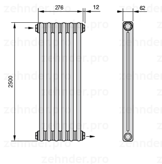 Схема (чертеж) Радиатор Zehnder Charleston 2250/6 №1670 Белый глянцевый RAL 9016